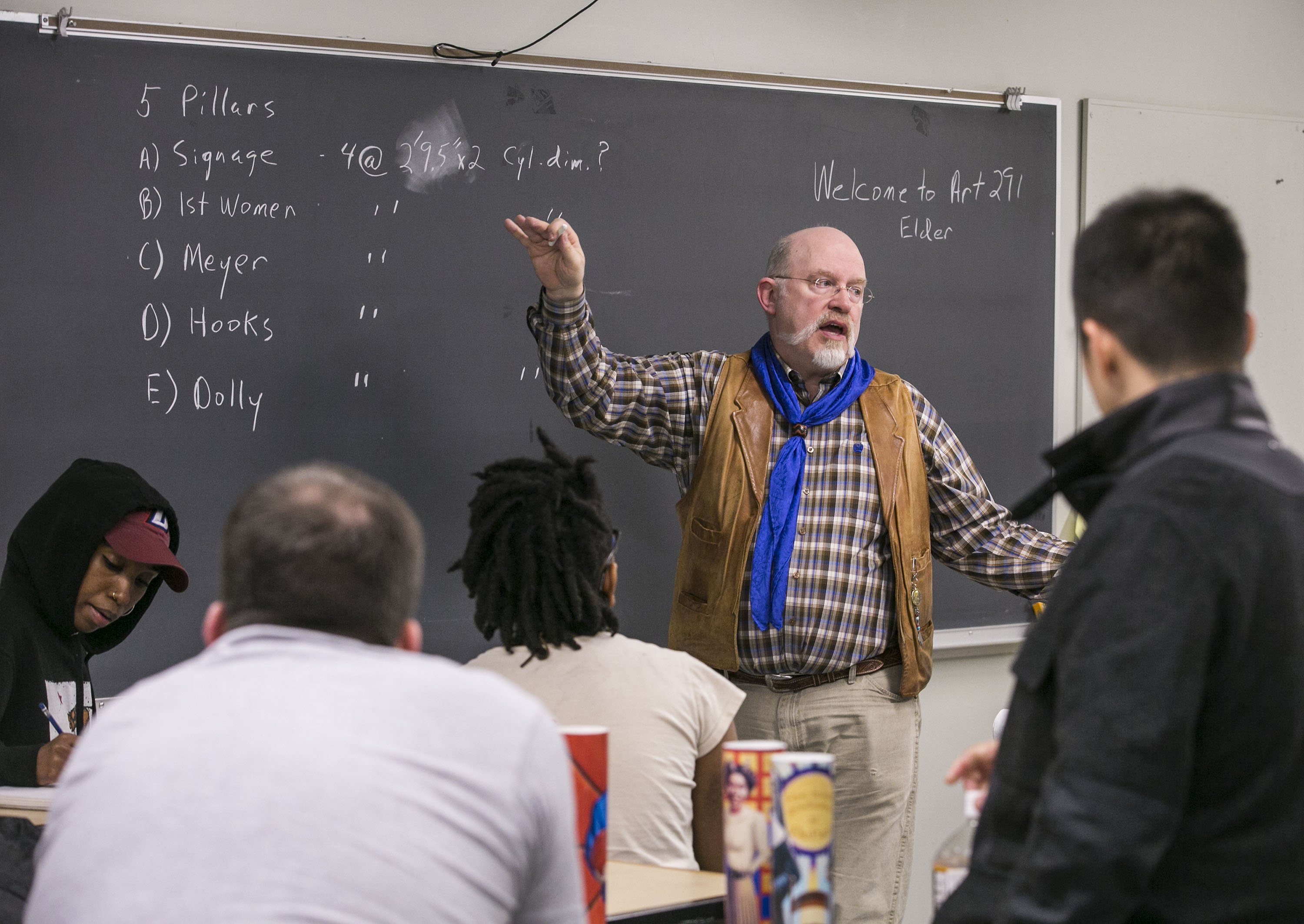 Brother Mark Elder, C.M., instructed DePaul University students on how to create and install public art. As part of their class, Elder and his students created and installed artwork depicting historical figures from DePaul's past. (DePaul University/Jamie Moncrief)