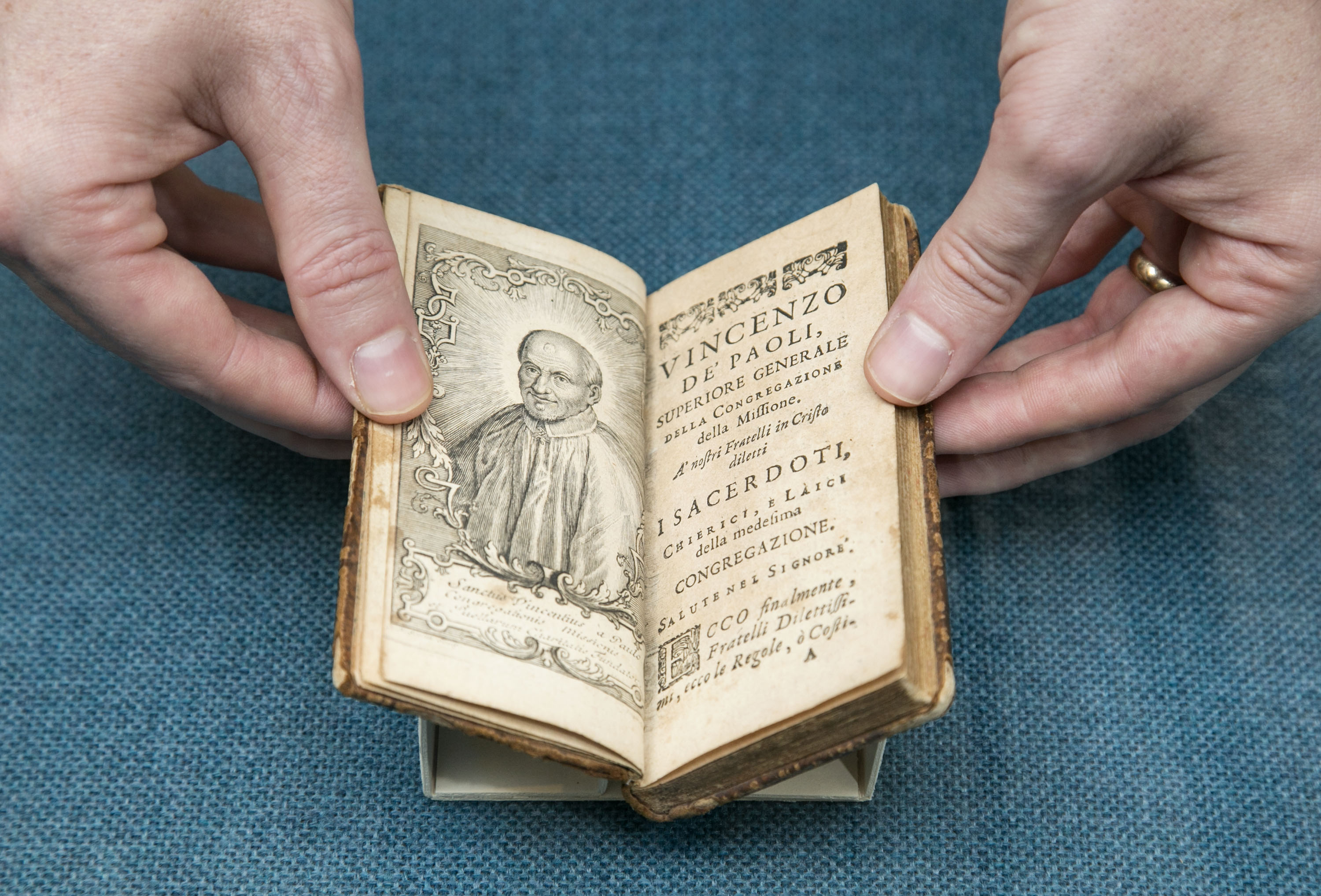 After Vincent de Paul founded his Congregation of the Mission in 1625, he codified rules by which the community was governed and directed. These rules were eventually printed in 1658, two years prior to Vincent’s death, and distributed amongst his colleagues. This pocket-sized copy, which is in Italian, will be on display at the exhibition. (DePaul University/Jamie Moncrief)