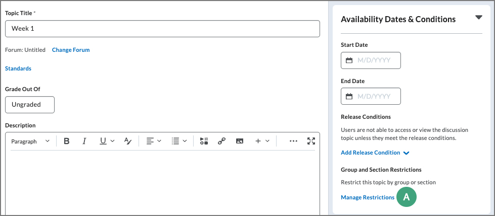 screenshot of the discussion creation interface with the availability dates tab expanded