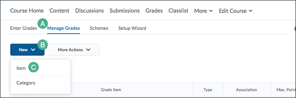 Create grade items menu options with item option highlighted