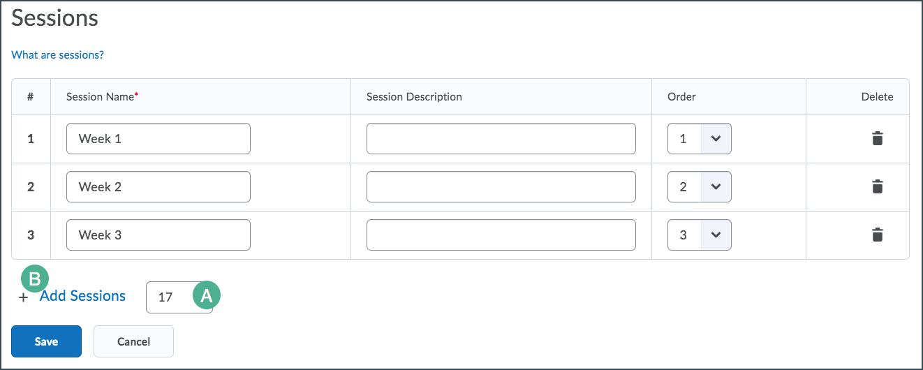 Image of attendance register setup with add session steps highlighted 