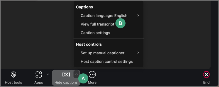 screenshot of a zoom meeting window with a label on the captions caret