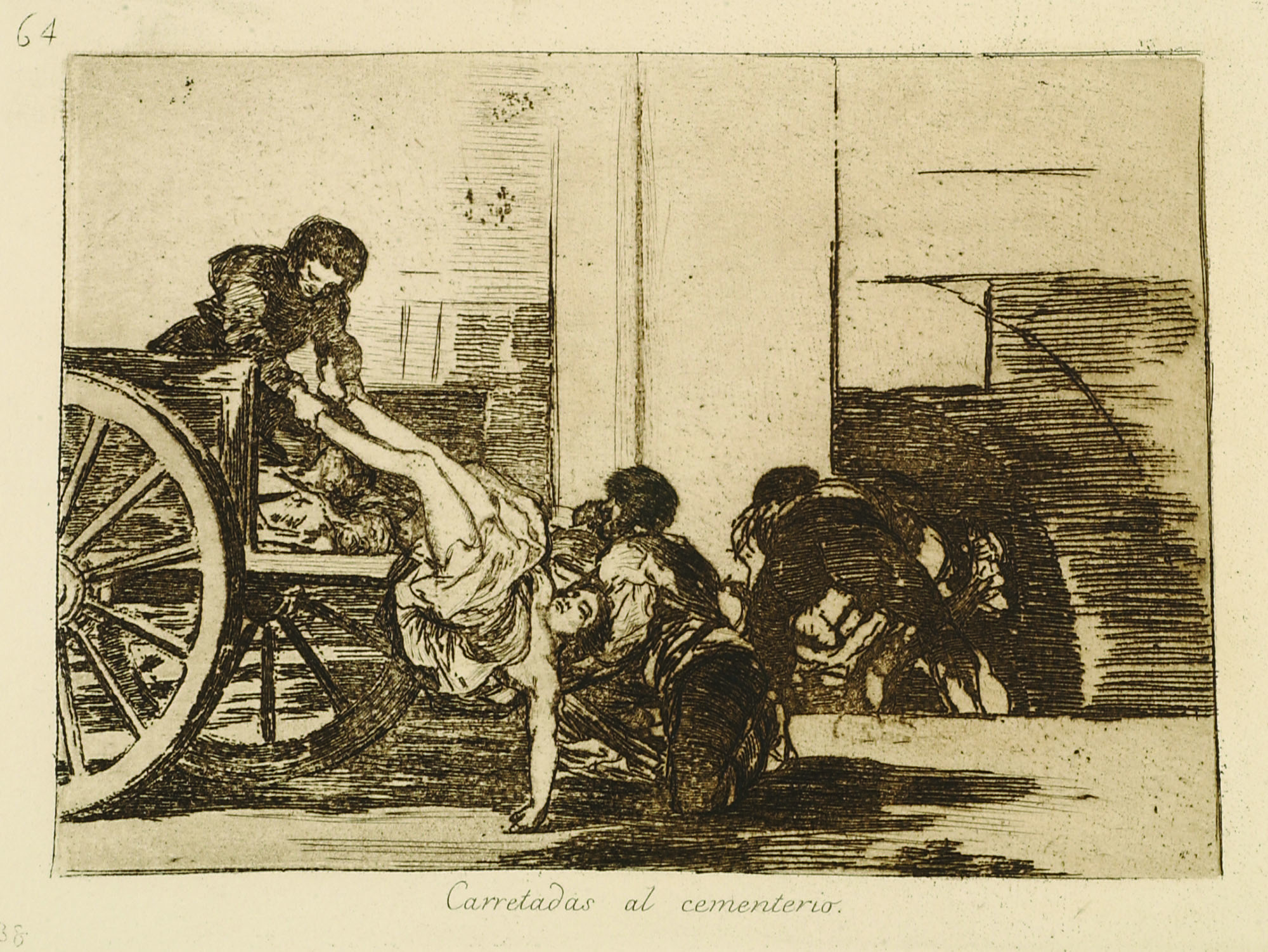 Francisco de Goya y Lucientes, Carretadas al cementerio (Cartloads to the cemetery), from the series “The Disasters of War,”  ca. 1820 (1863 1st ed.). Sixth edition printed in the Calcografía nacional for the Royal Academy of San Fernando in 1930. Etching, aquatint, and drypoint on laid Arches paper. Courtesy of the Grinnell College Art Collection, Gift of Helena Percas de Ponseti and Ignacio V. Ponseti.