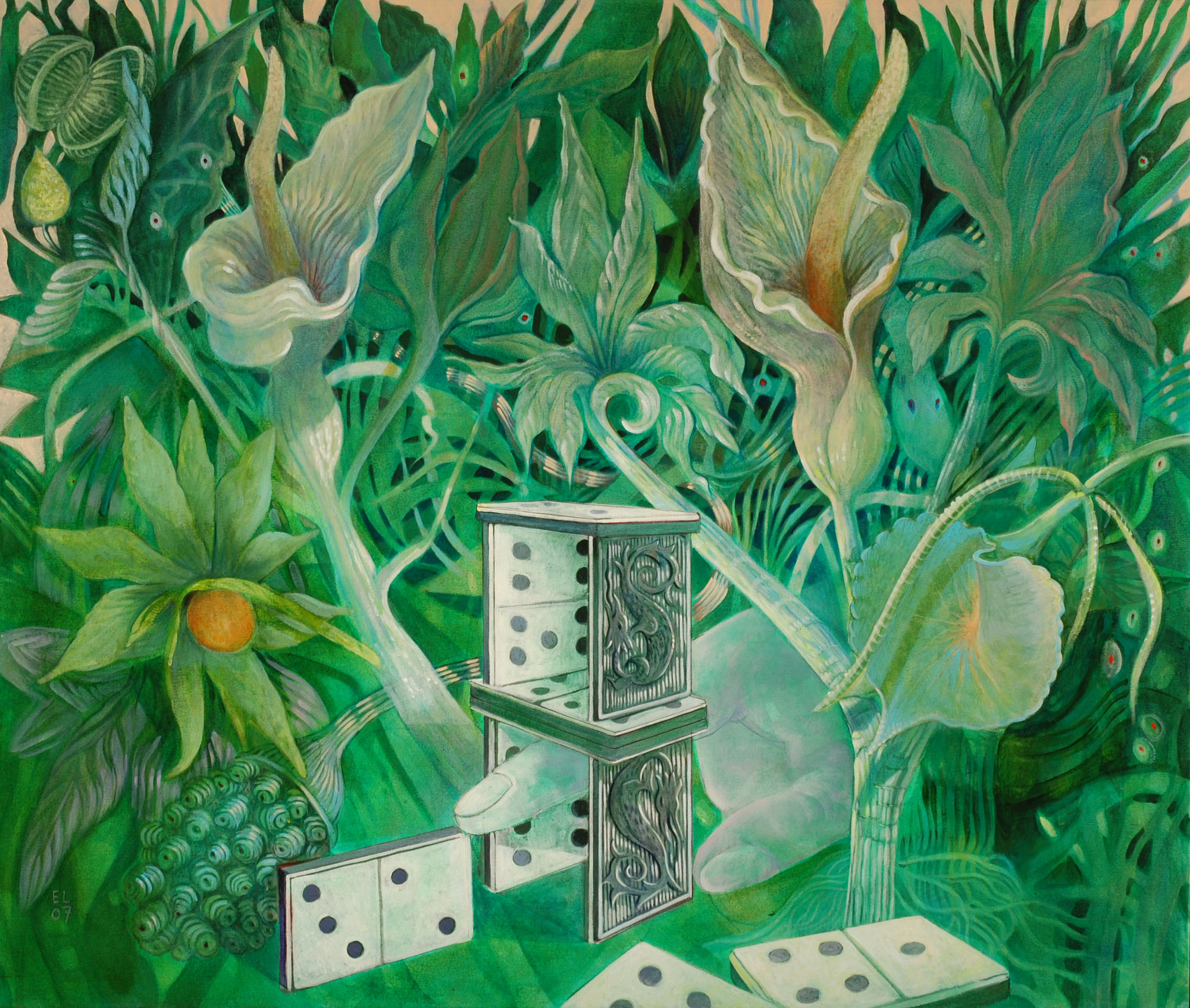 Ellen Lanyon, Dragons and Dominos, 1999–2007. Acrylic on canvas. Courtesy of the artist and Valerie Carberry Gallery, Chicago