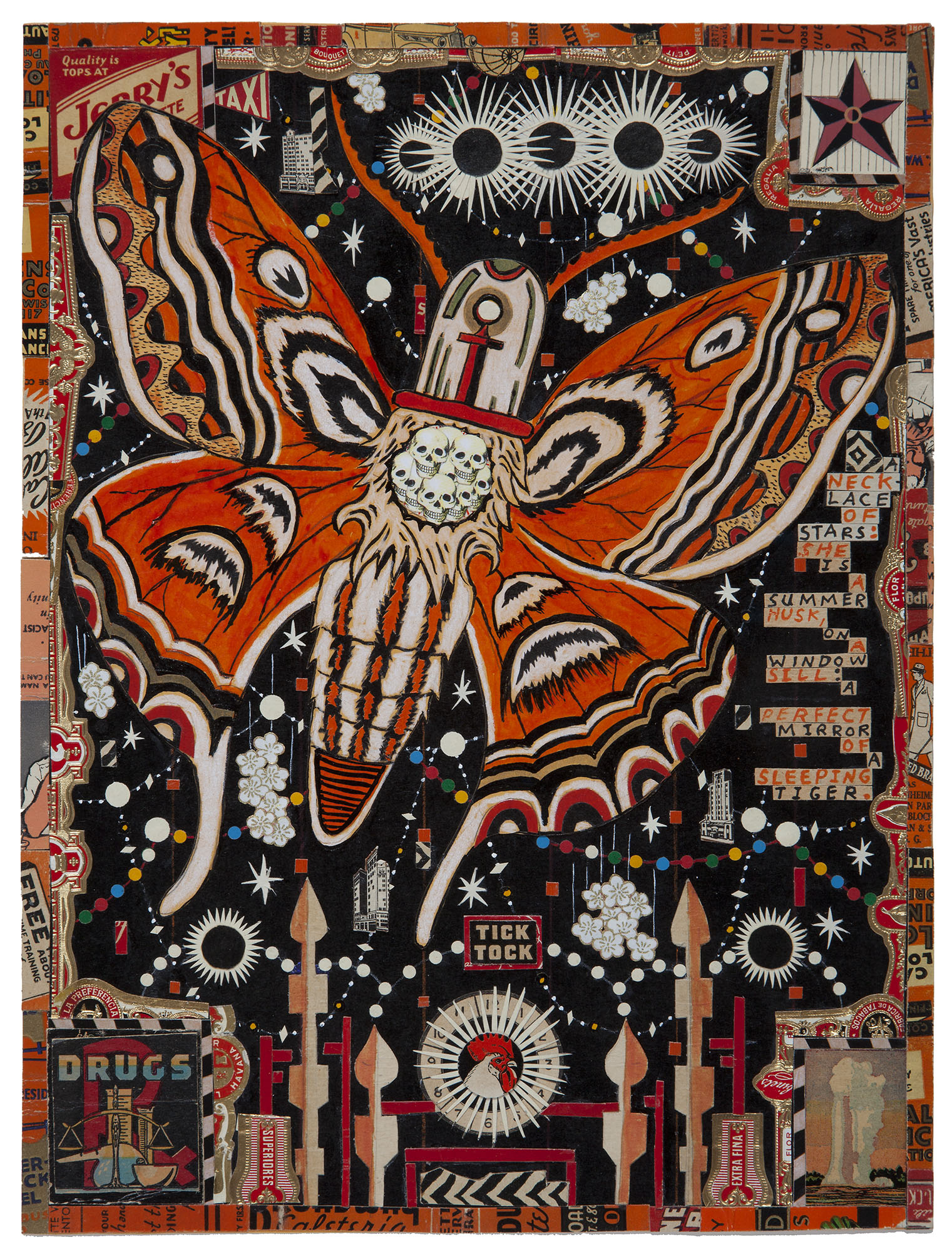 Tony Fitzpatrick, The Winter Tiger, 2010. Graphite, ink, pigment, and found materials. Collection of DePaul Art Museum, Art Acquisition Endowment, 2010.70