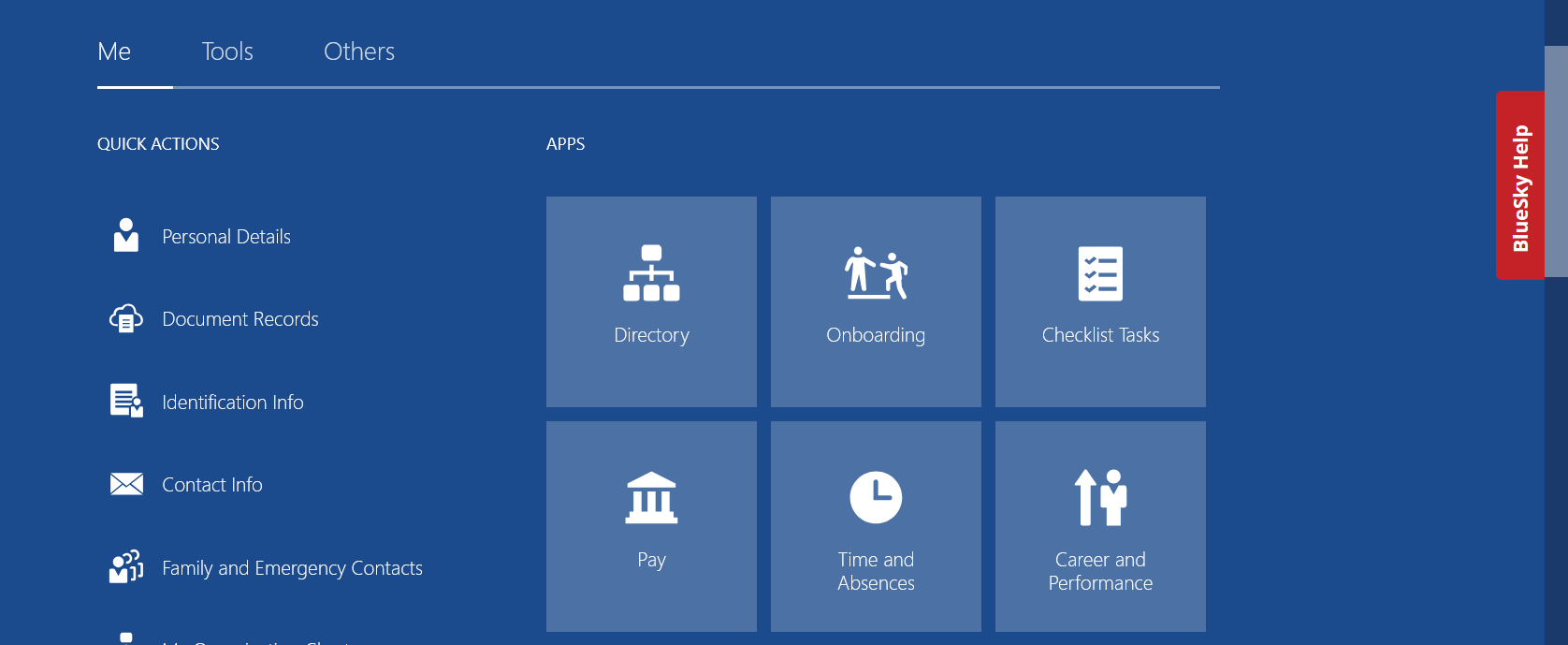 An image of tabs, actions, and tiles on the BlueSky home page.