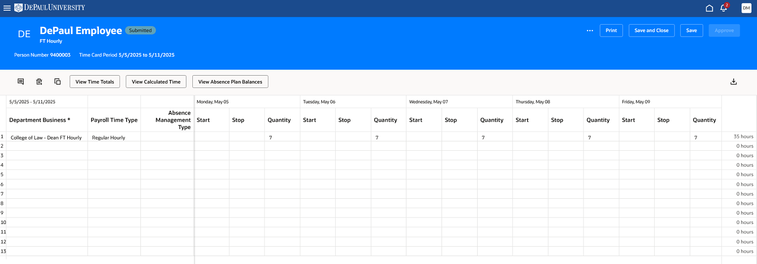 The line manager's new view of an individual employee's time card.