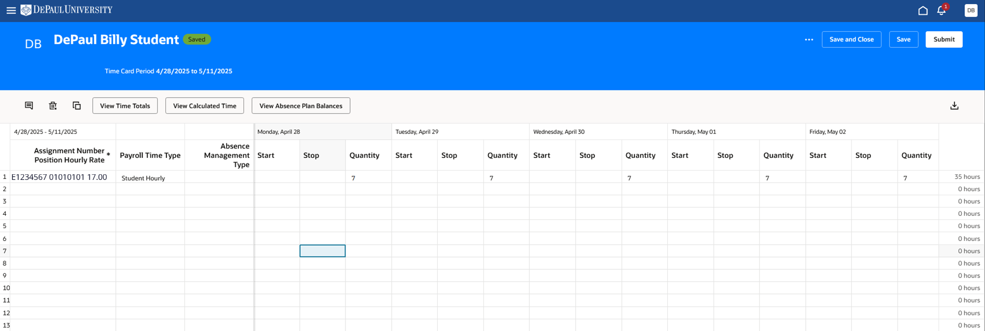 A screenshot of the new employee/student time card.