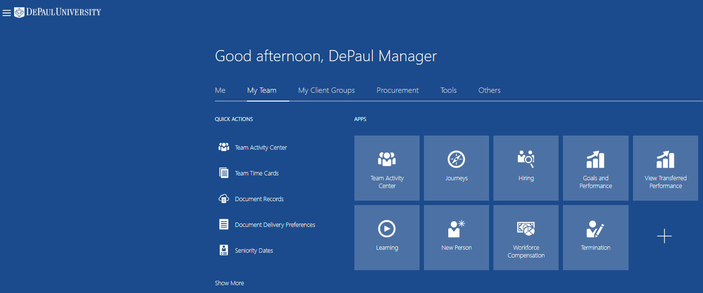 The BlueSky home page with the My Team tag selected and Quick Actions on the left-hand side.