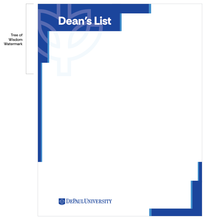 Dean's list letter with layered learning border and tree of wisdom watermark