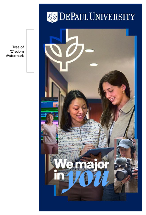 Advertising sign with blue layered learning border and tree of wisdom watermark