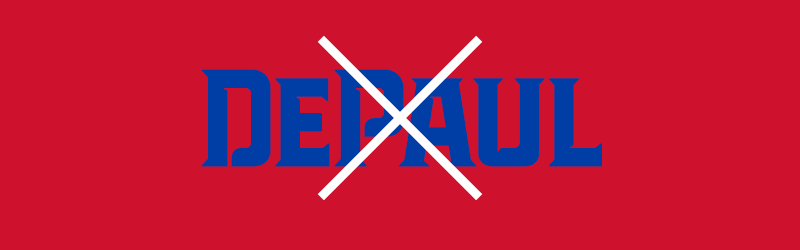 Incorrect usage: blue DePaul logo on red background