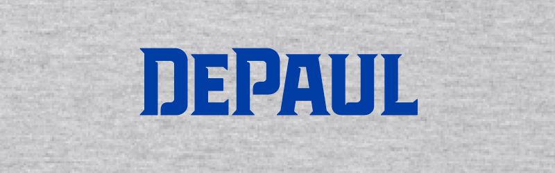 Blue DePaul affinity mark on gray background