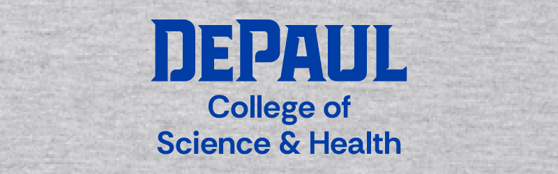 DePaul College of Science and Health blue affinity mark on gray background