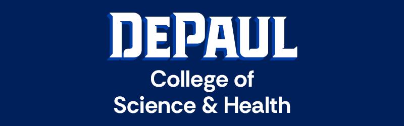 DePaul College of Science and Health white affinity mark on navy background