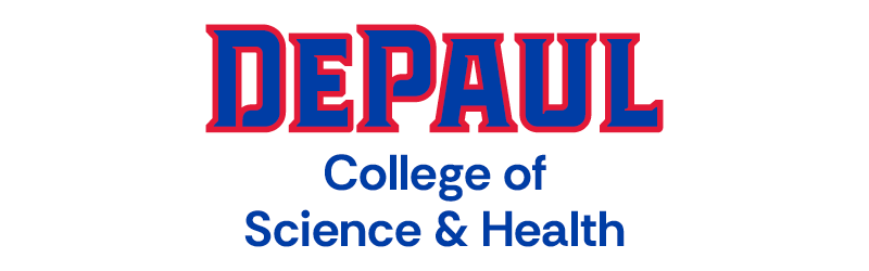 DePaul College of Science and Health blue and red affinity mark on white background
