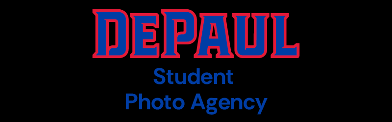 DePaul Student Photo Agency red and blue affinity mark on black background