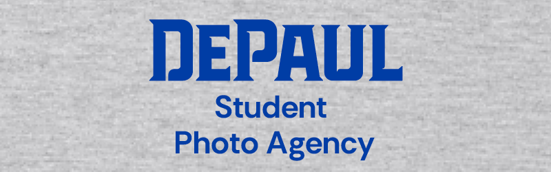 DePaul Student Photo Agency blue affinity mark on gray background