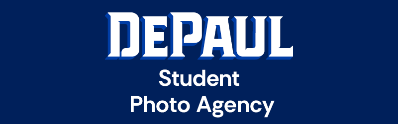DePaul Student Photo Agency white affinity mark on navy background