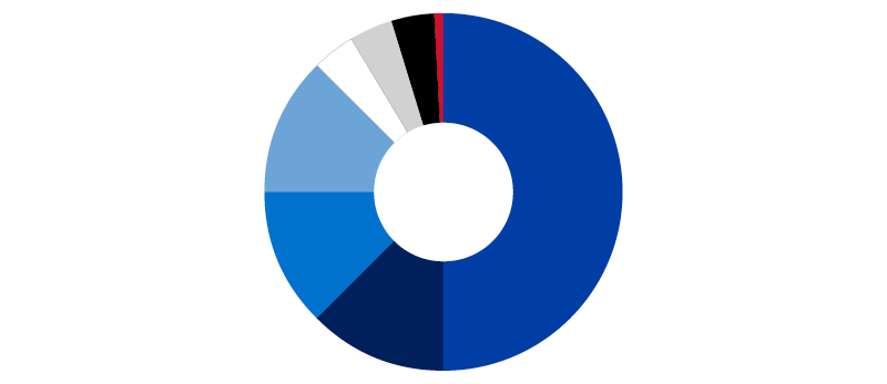 Pie chart showing breakdown of how often colors should be used - core blue 50%, secondary blues 15%, other secondary colors sparingly