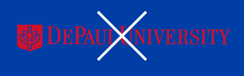 Incorrect usage: red DePaul logo on blue background