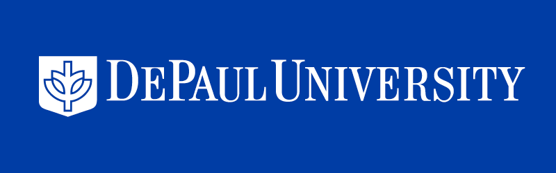 Reversed logo: white DePaul logo on blue background