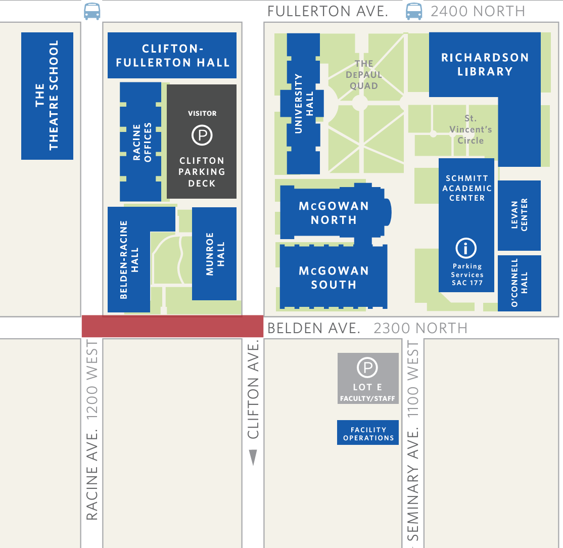 Map of Belden Street with Racine to Clifton highlighted in red