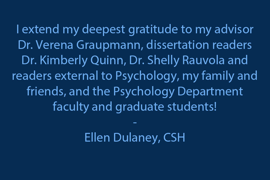 I extend my deepest gratitude to my advisor Dr. Verena Graupmann, dissertation readers Dr. Kimberly Quinn, Dr. Shelly Rauvola, and readers external to Psychology, my family and friends, and the Psychology Department faculty and graduate students!