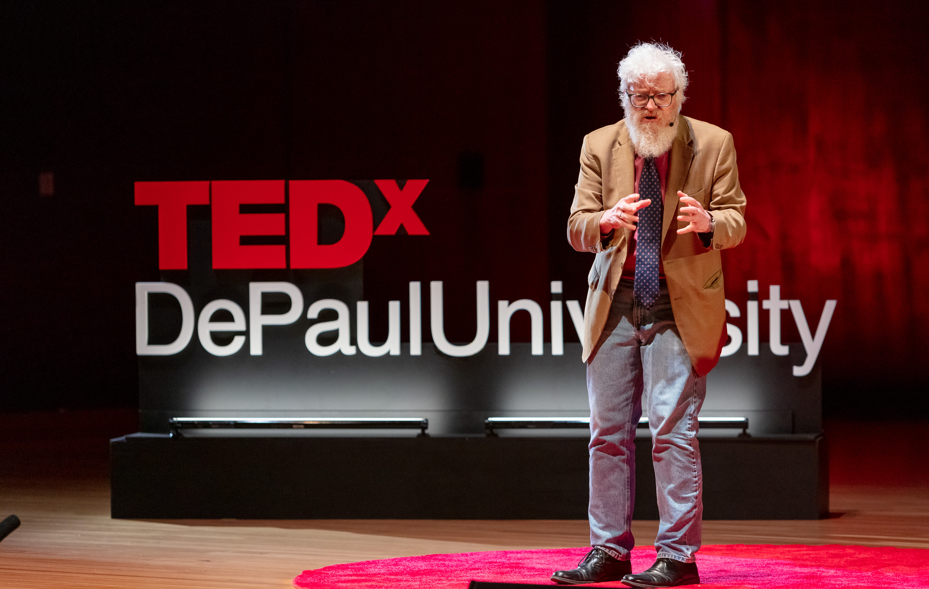 Liam Heneghan, a TEDxDePaulUniversity 2022 speaker and professor of environmental science studies professor, presented his Talk on May 4, 2022, at the Holtschneider Performance Center. (Randall Spriggs/DePaul University)