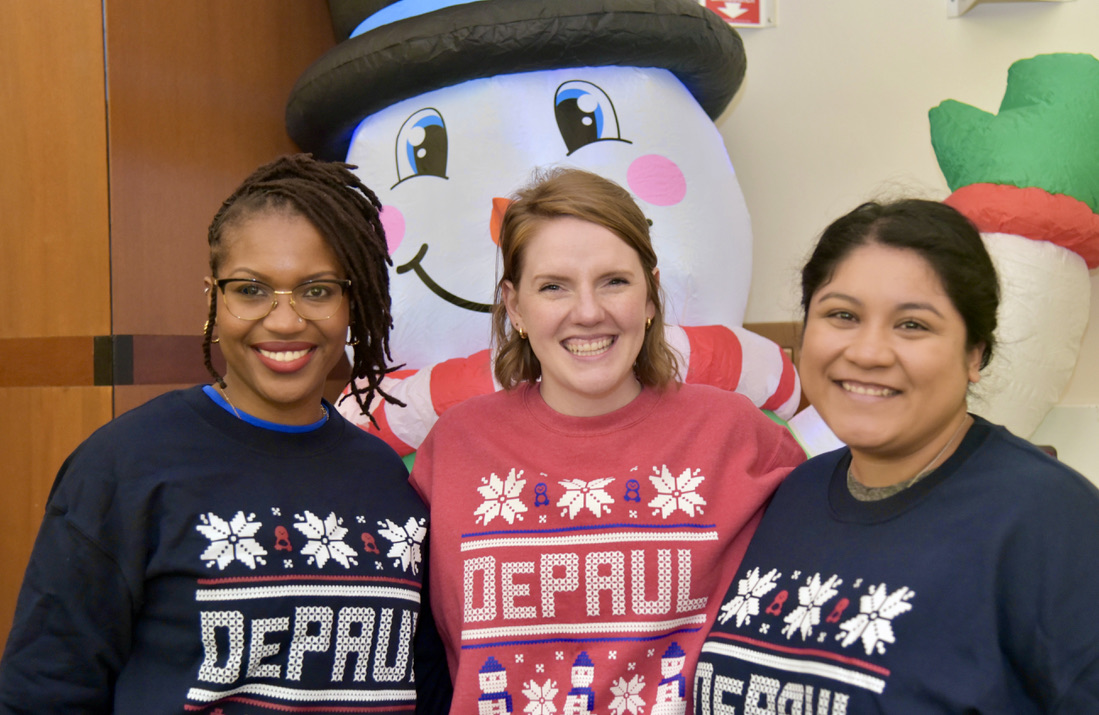 Blue Demons sport DePaul Ugly Sweaters during the inaugural Holiday Cookie Stroll. (DePaul University/Kathy Hillegonds)