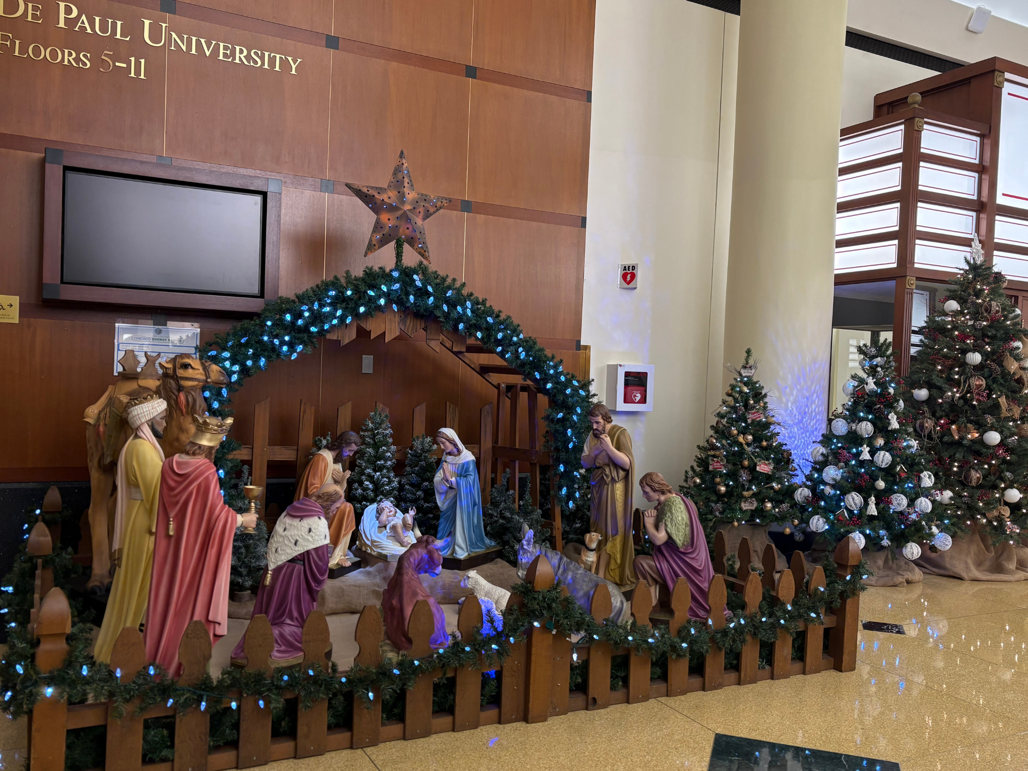 Nativity scene in a building lobby