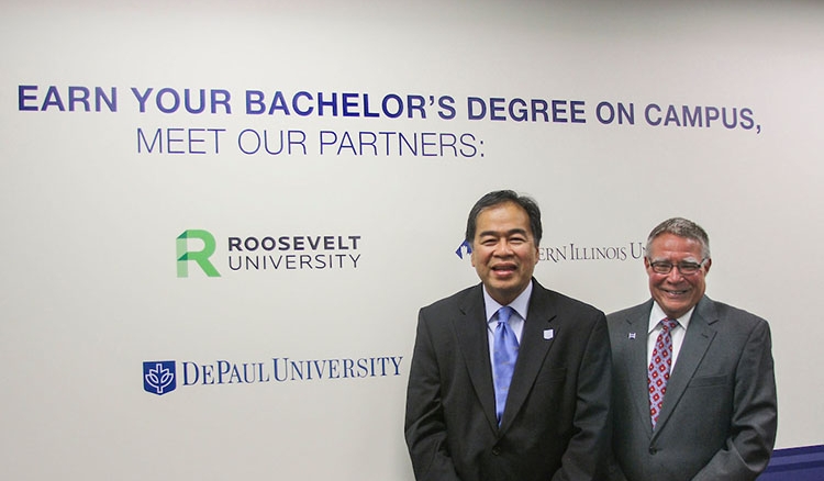 DePaul University President A. Gabriel Esteban, Ph.D., left, and Harper College President Kenneth L. Ender, Ph.D.