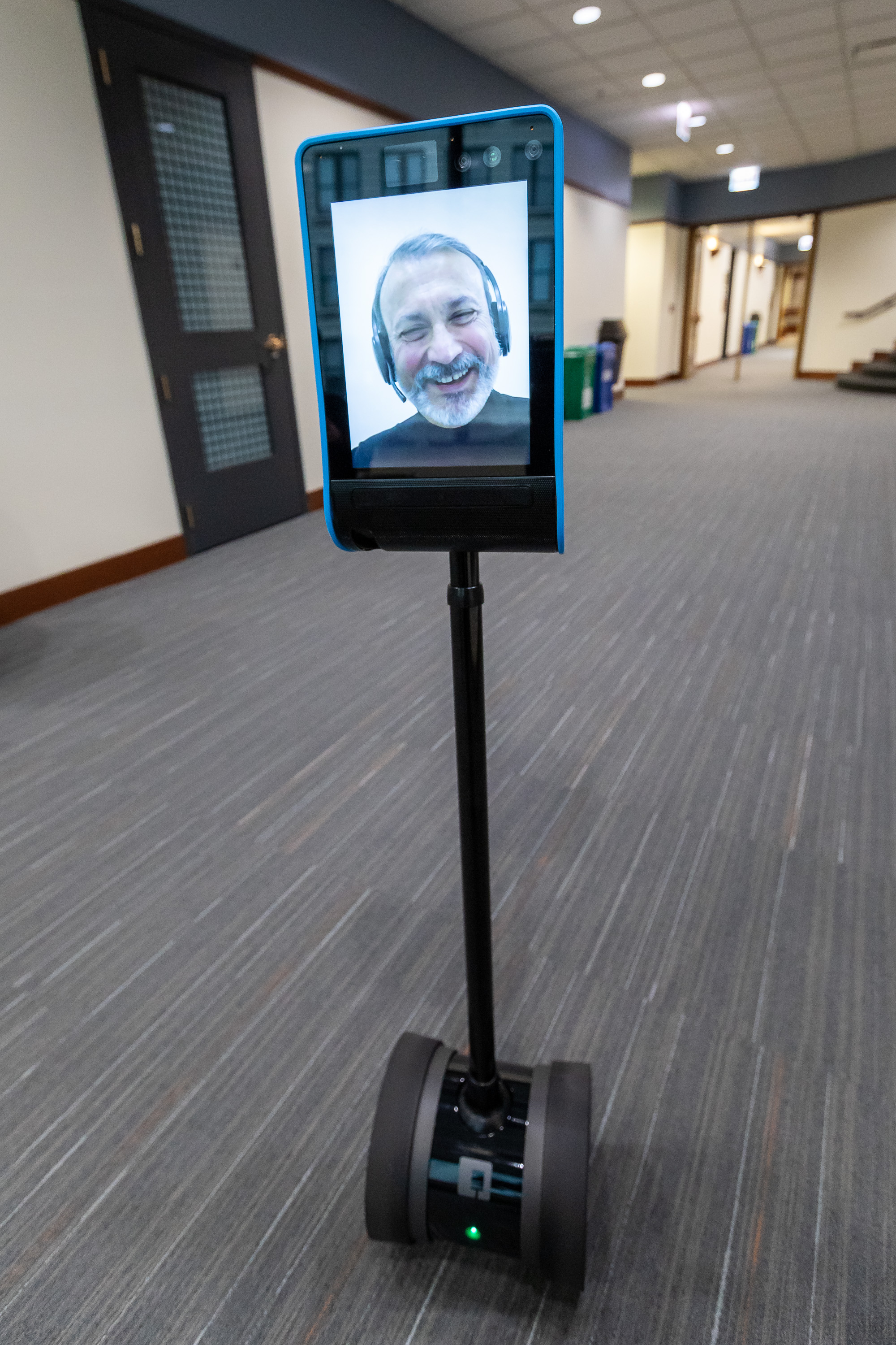 Guillermo Vásquez de Velasco, dean of the College of Liberal Arts and Social Sciences, who participated via a telepresence robot. (DePaul University/Jeff Carrion)