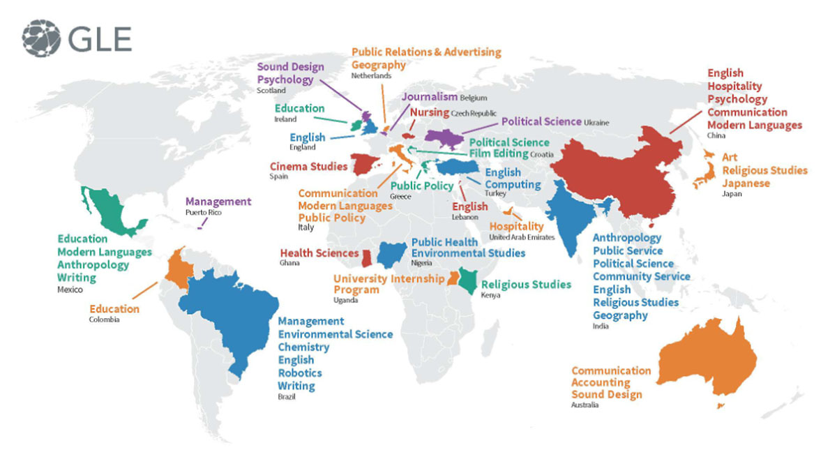 World map highlighting countries where DePaul faculty have taught GLE courses