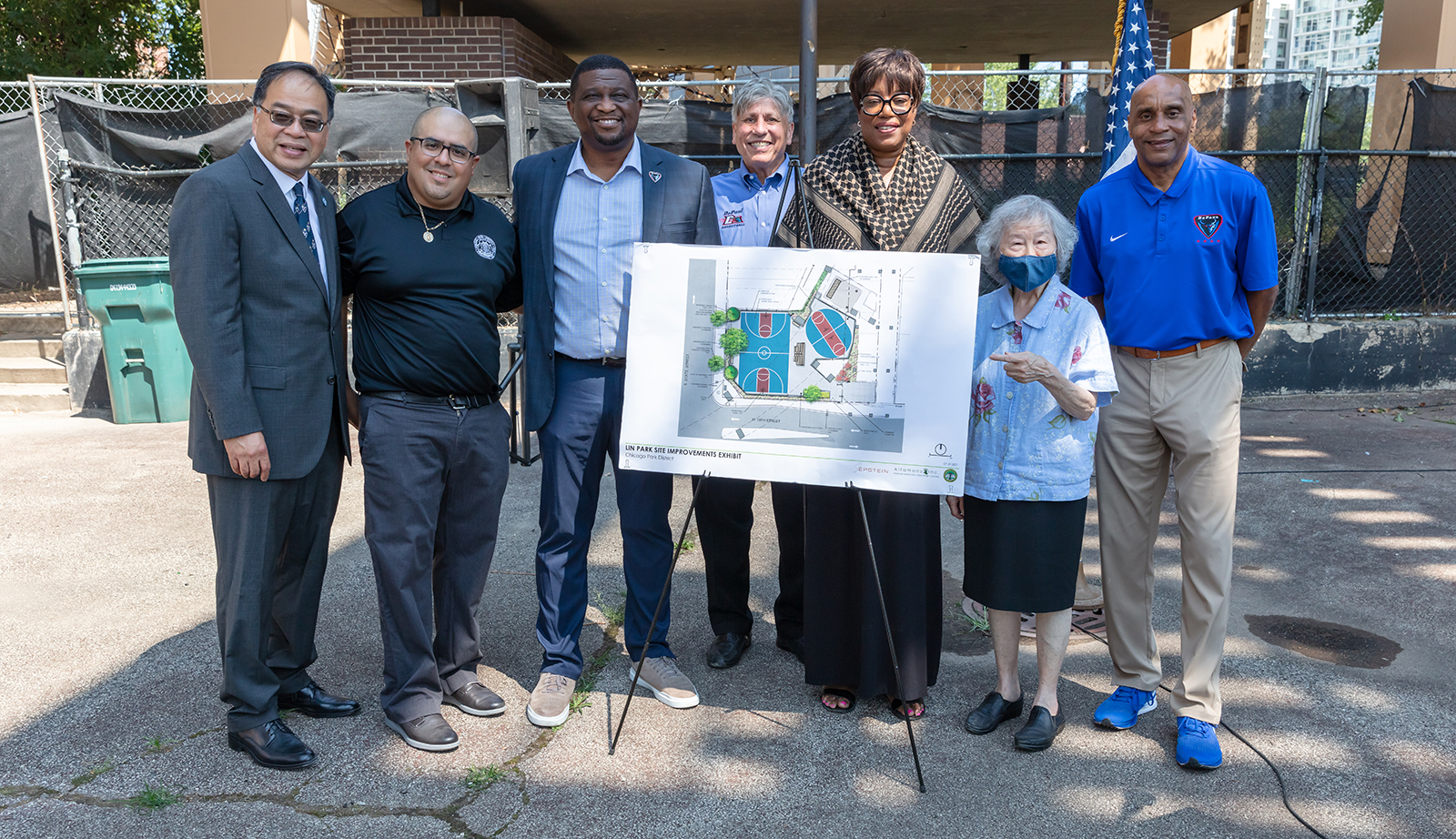 DePaul University, the Chicago Park District and community leaders gathered Aug. 30 to break ground on renovations to a South Loop park: A. Gabriel Esteban, Ph.D., president of DePaul University; Dennis Gonzalez, Chicago Park District area manager; Dewayne Peevy, vice president and director of athletics; head coach Doug Bruno, Alderman Pat Dowell, community member Sylvia Wu and head coach Tony Stubblefield attended the event. 