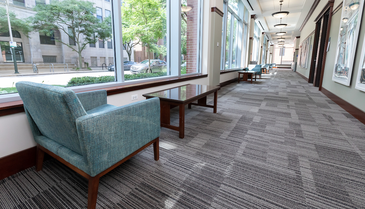 The lobby of Arts and Letters Hall on the Lincoln Park Campus is configured for social distancing, Monday, Aug. 3, 2020. DePaul reconfigured all of its building, offices and classrooms to comply with safety and social distancing guidelines during the Covid-19 pandemic. (DePaul University/Jeff Carrion)