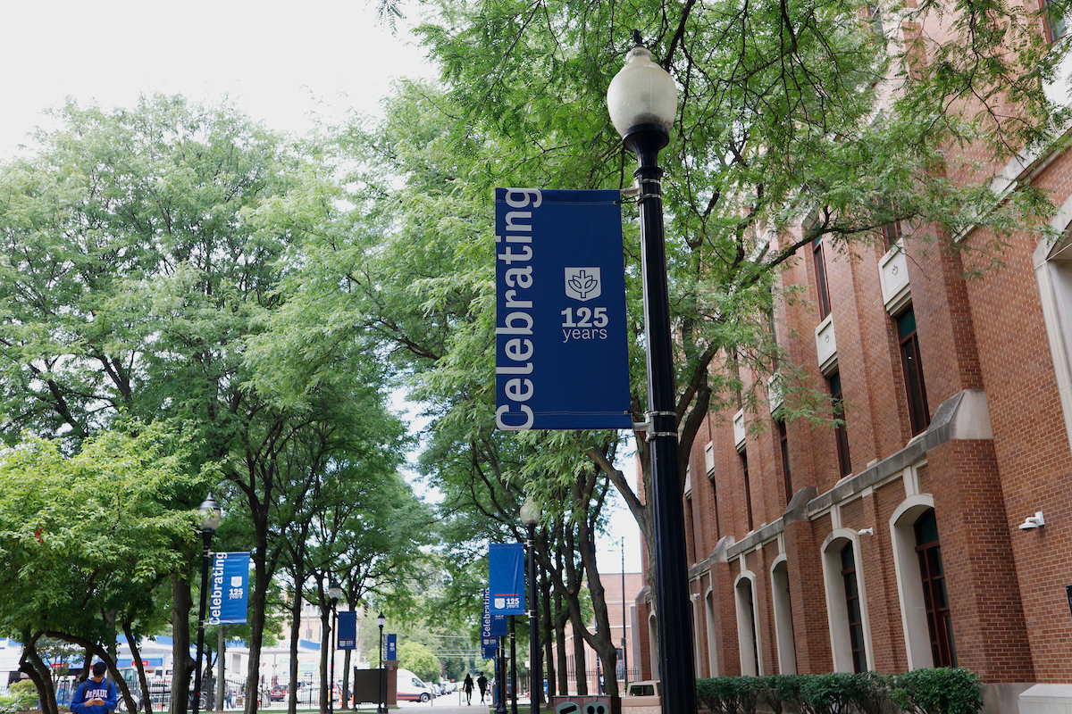 Banners signify DePaul's celebration of 125 years of educating Chicagoans