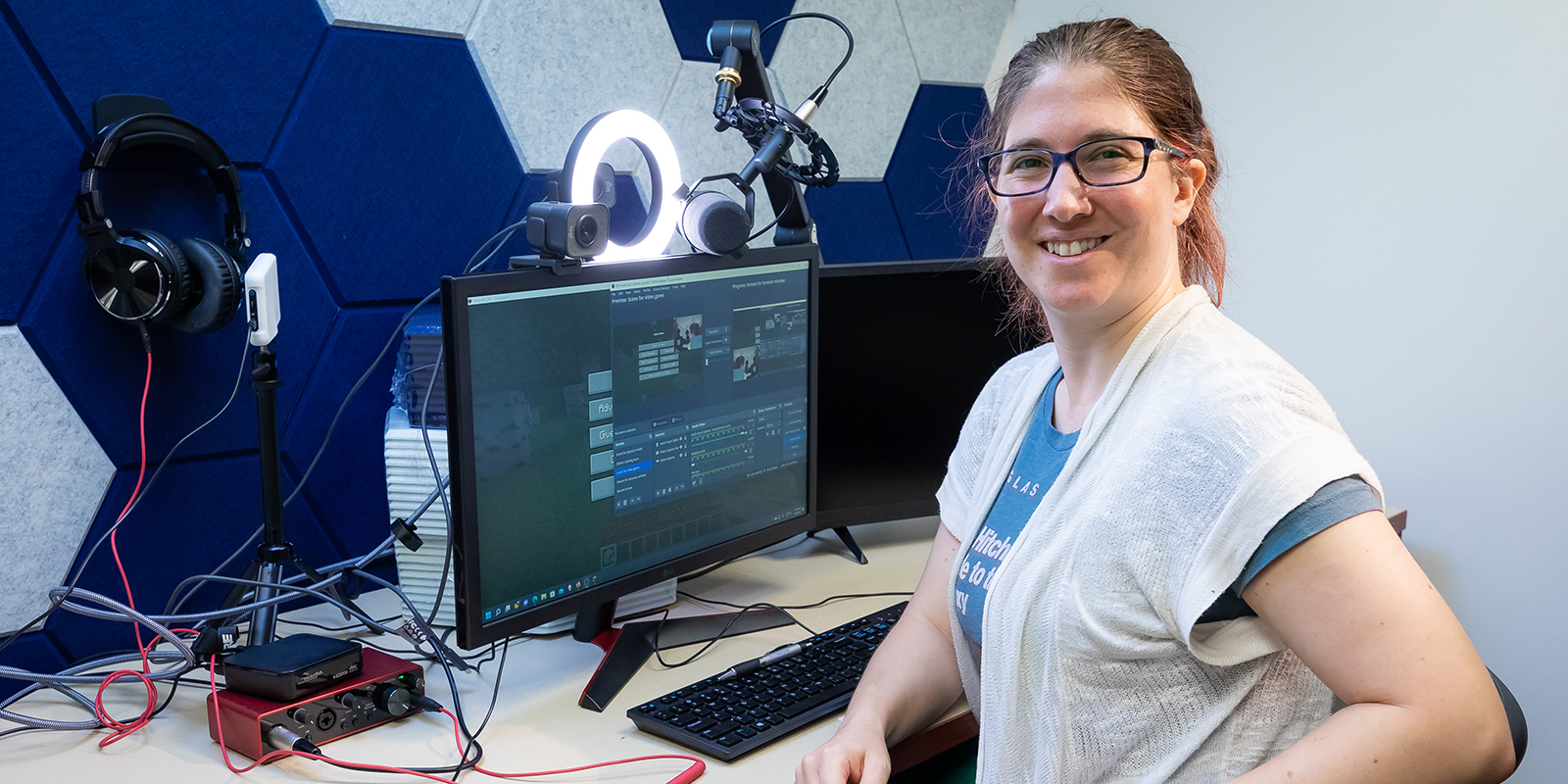 Samantha Close, an assistant professor in the College of Communication, has transformed a small office in DePaul’s Daley Building into the Streaming Lab. The lab is equipped with monitors, microphones and professional lighting, as well as gaming consoles from the original Nintendo to the newest Play Station and the popular games to go with them. 