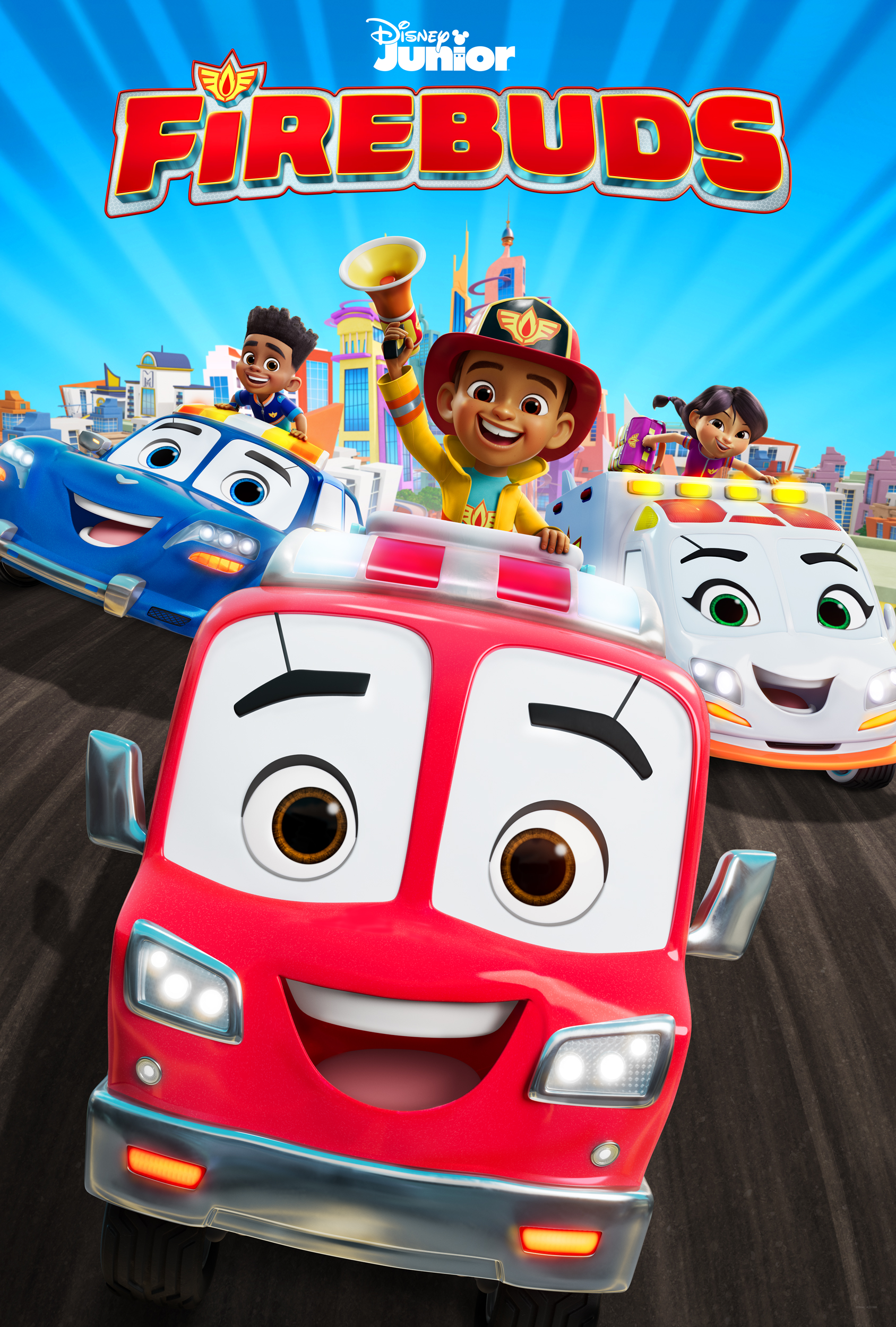 Cartoon children riding on emergency vehicles in a poster for Firebuds