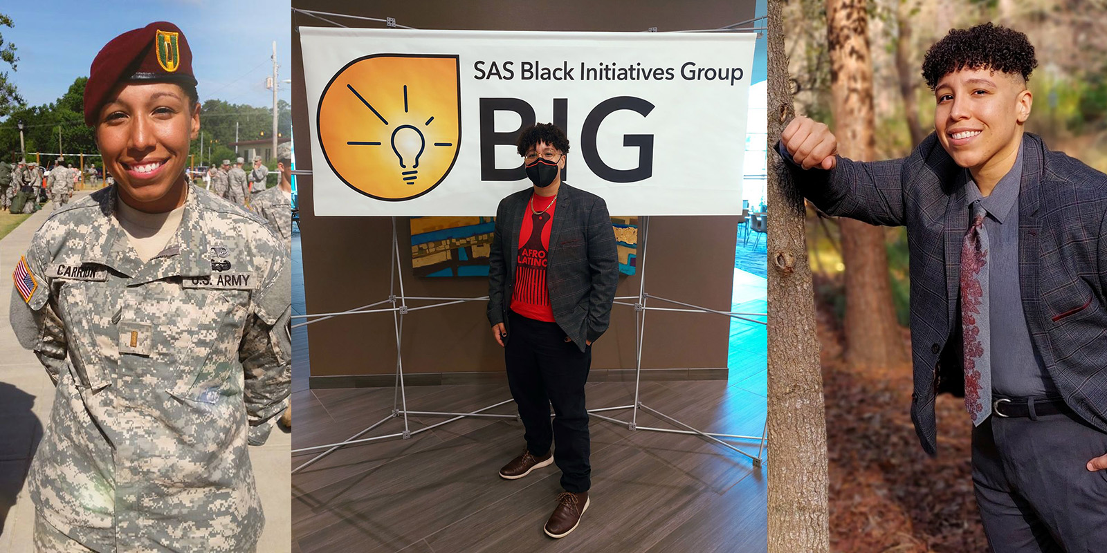 Keslie Carrion in an Army uniform, at a work event with a banner that reads Black Initiatives Group SAS BIG, and posing out doors against a tree