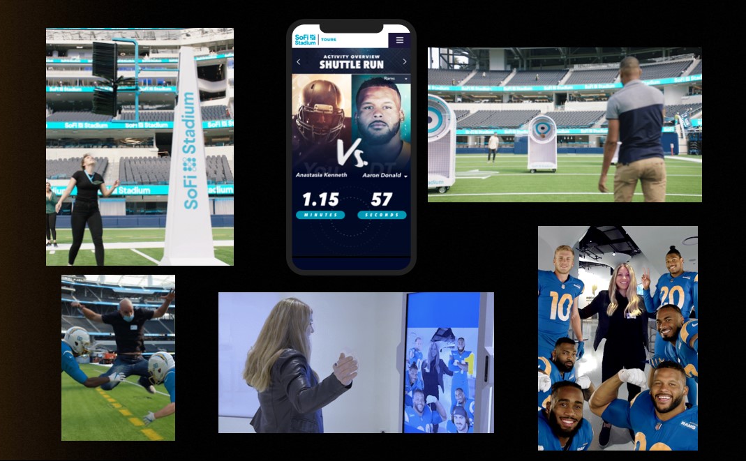 SoFi tour images include a mobile app and people throwing footballs at targets, posing in the arena with images of players