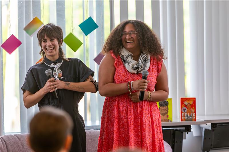 Student fellows Bella Netti and Taylor Sellers-Varela speaking at the Do Say Gay event at Gerber/Hart Library and Archives. 