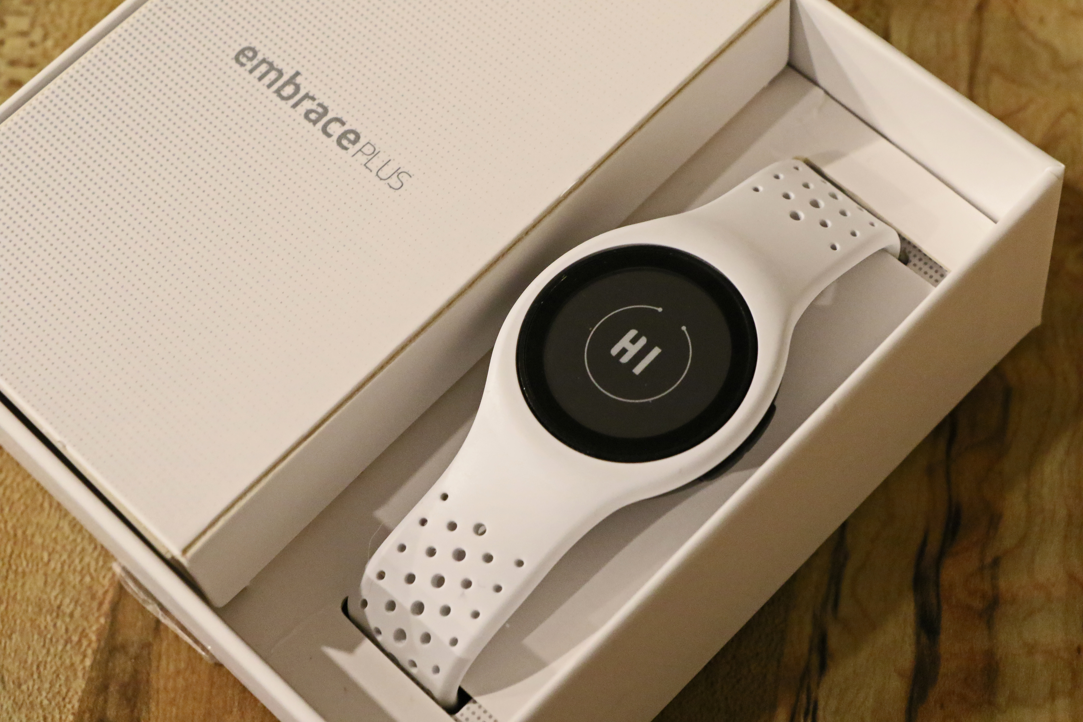 A close-up of the Embrace Plus Wrist Wearable.