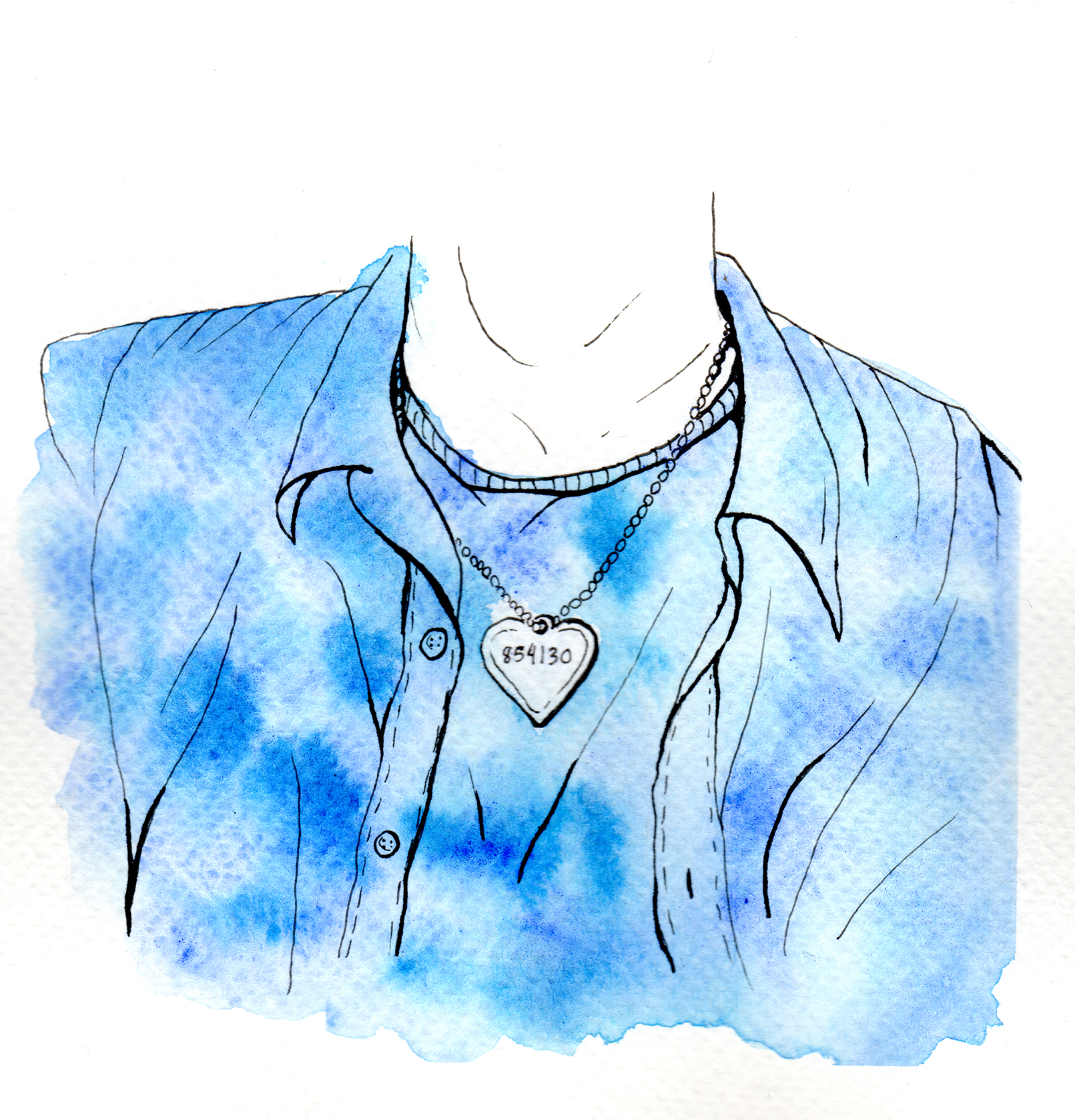 A drawing of a man's chest wearing a military dog tag with the numbers [] on it, the whole drawing is painted with a blue watercolor.