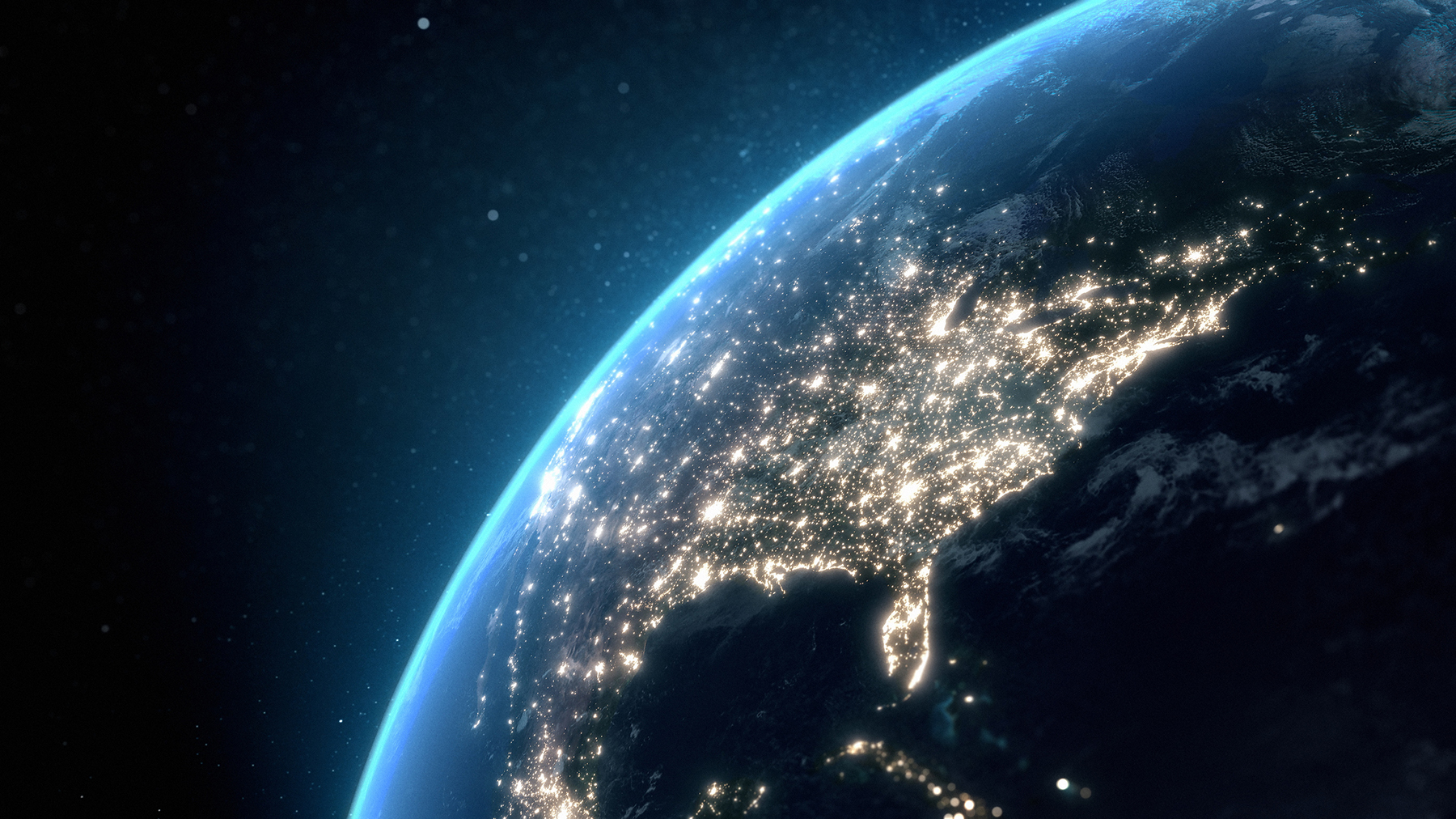 view of Earth from space, North America lit up at night