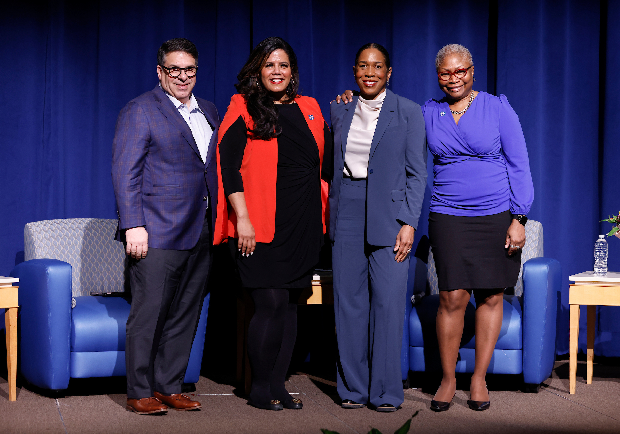DePaul President Rob Manuel, Dania Matos, vice president for diversity, inclusion and belonging, Illinois Lieutenant Governor Juliana Stratton, and Valerie Johnson, associate provost for diversity, equity and inclusion.