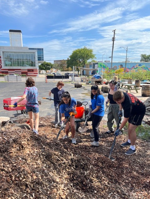 A group of students shovel mulch