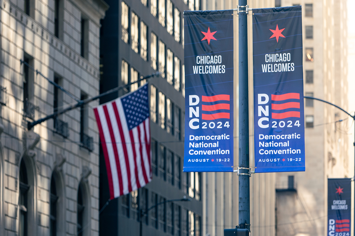 DNC street banners with American flag in the background