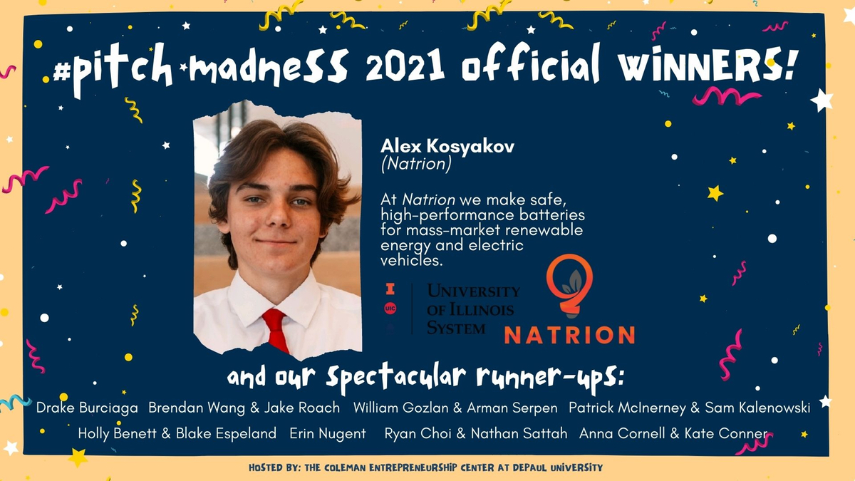 Slide showing Alex Kosyakov as winner of 2021 University Pitch Madness