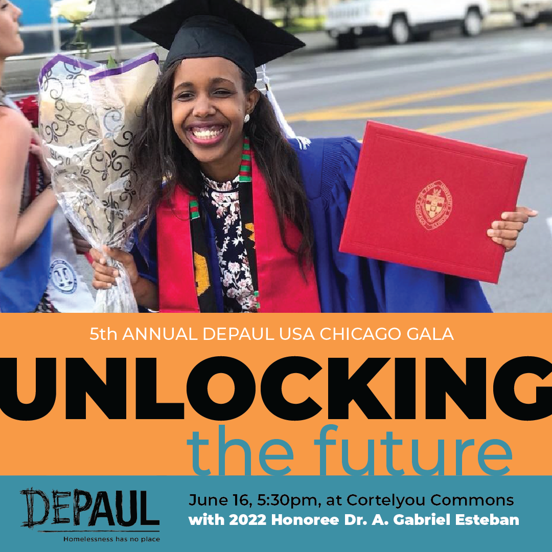 DePaul graduate holds a diploma and smiles